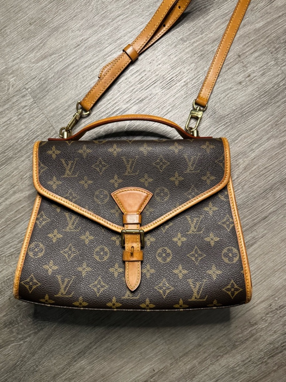 Louis Vuitton Monogram Leather Trim Top Handle Crossbody Bag in Brown and Tan